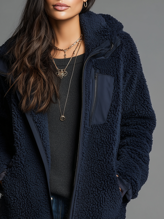 Vintage Zipper Pocket Teddy Fleece Fitted Jacket