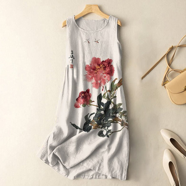 Vintage Japanese Ink Flower Calligraphy Art Print Sleeveless Cotton And Linen Midi Dress