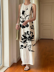 Ink-Printing Sleeveless Backless Casual Maxi Dress