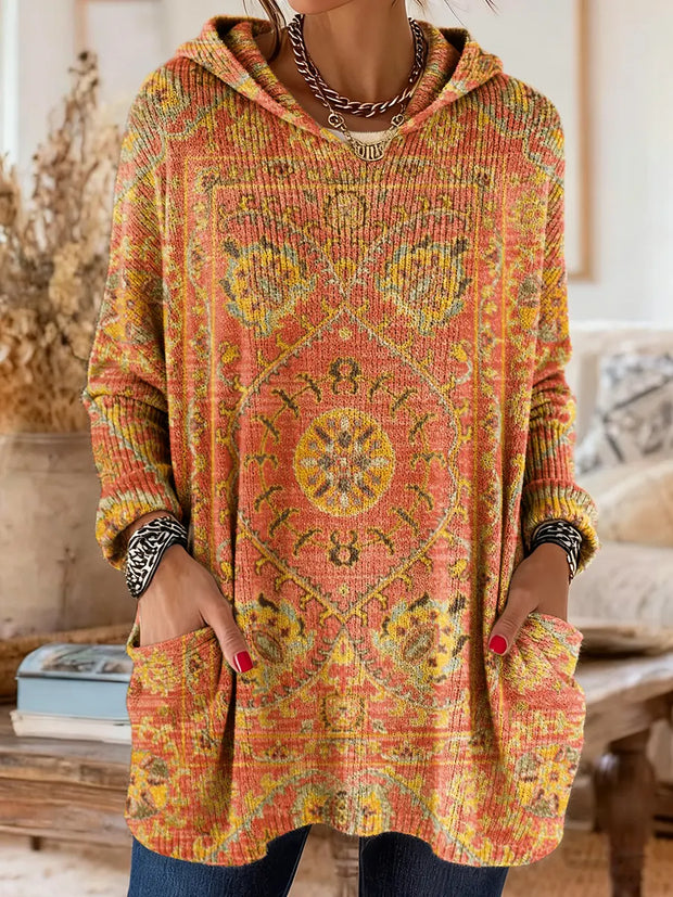 Women's Ethnic Totem Art Print Casual Knitted Pocket Hooded Tunic Top