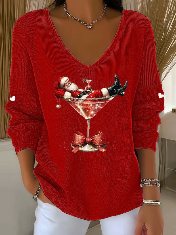 Fun Christmas Santa Casual V Neck Pullover Sweater