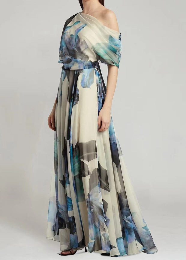 French Sky Blue Asymmetrical Print Chiffon Long Dresses Summer