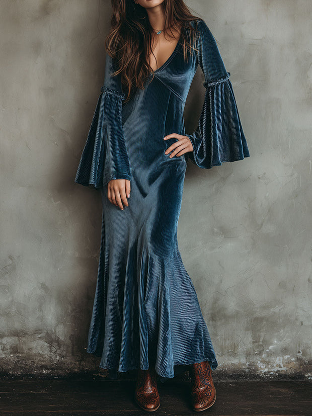 Bohemian Pleated Texture Velvet Flare-Sleeve Maxi Dress