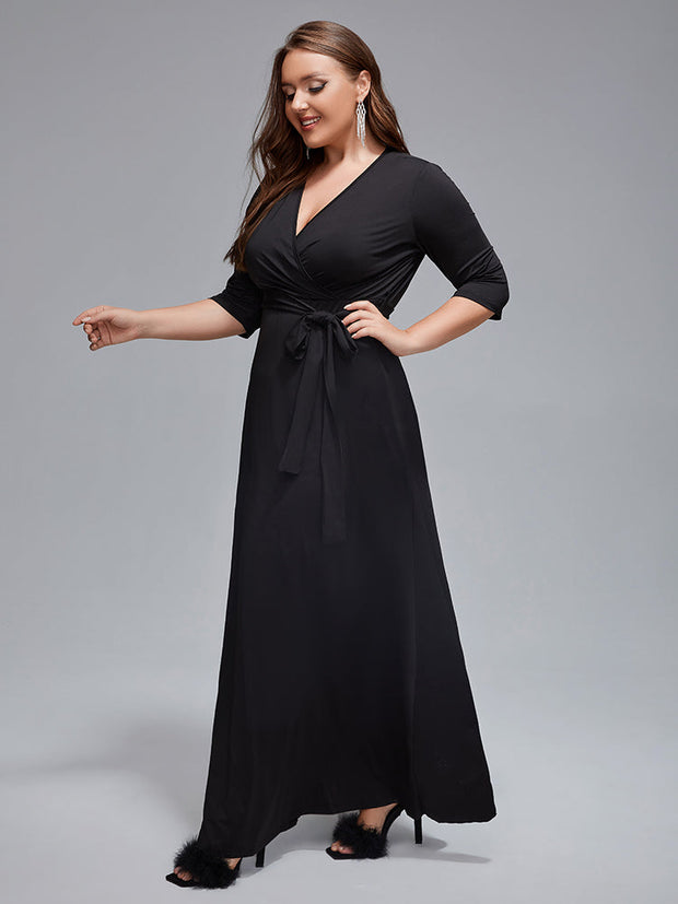 Plus V-Neck Tie Front Maxi Dress