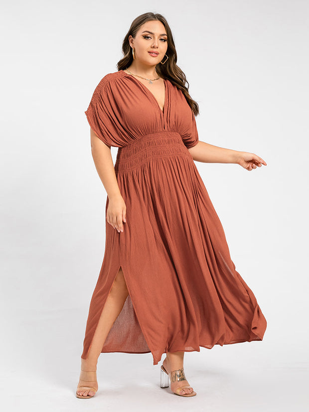 V-Neck Batwing Sleeve Pocket Ruched Waist Maxi Dress