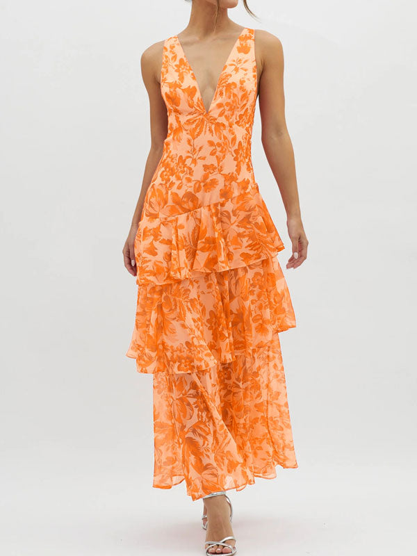 Plunge neck floral tiered maxi dress