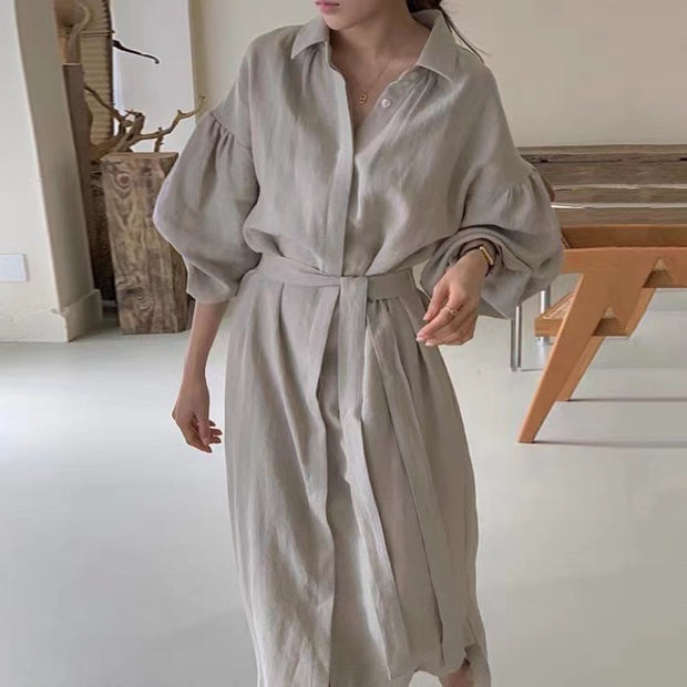 Lantern Long Sleeved Solid Color Waist Shirt Maxi Dress