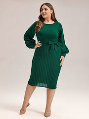 Plus Black Solid Tie Lantern Sleeves Midi Knit Dress