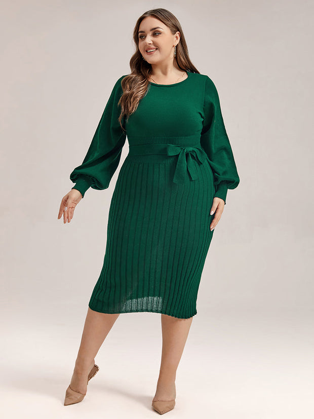 Plus Black Solid Tie Lantern Sleeves Midi Knit Dress