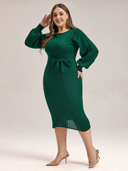 Plus Black Solid Tie Lantern Sleeves Midi Knit Dress