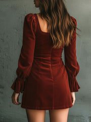 Vintage Rust Red Square Neck Embroidered Button-Front Mini Dress