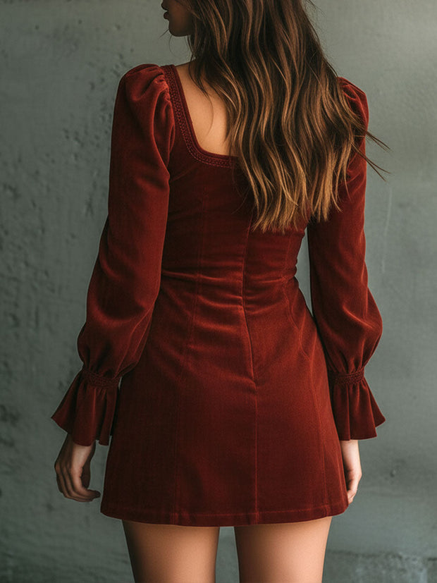 Vintage Rust Red Square Neck Embroidered Button-Front Mini Dress