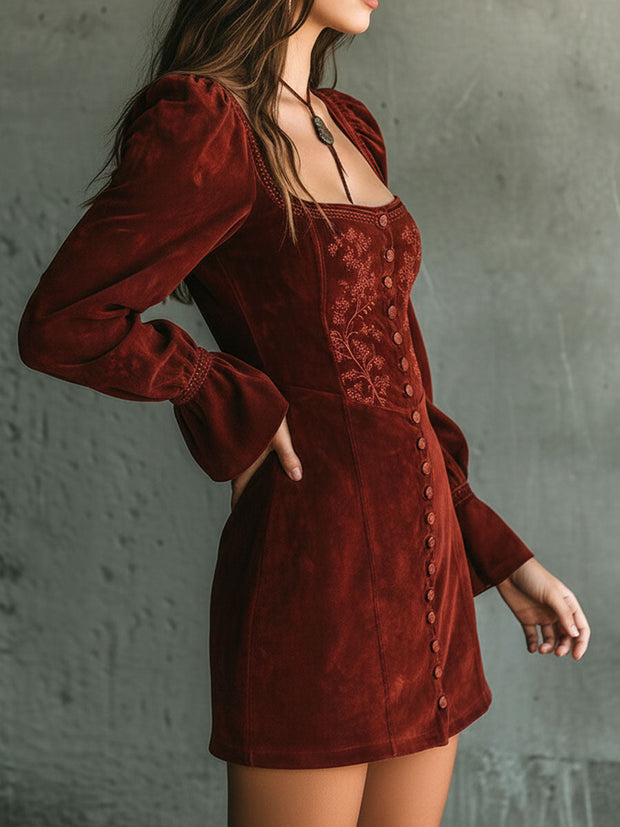 Vintage Rust Red Square Neck Embroidered Button-Front Mini Dress