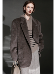 Luxury Suri Baby Alpaca Wool Coat for Women – Tailored Blazer Collar Winter Jacket, Elegant Wool & Fur-Blend Outerwear