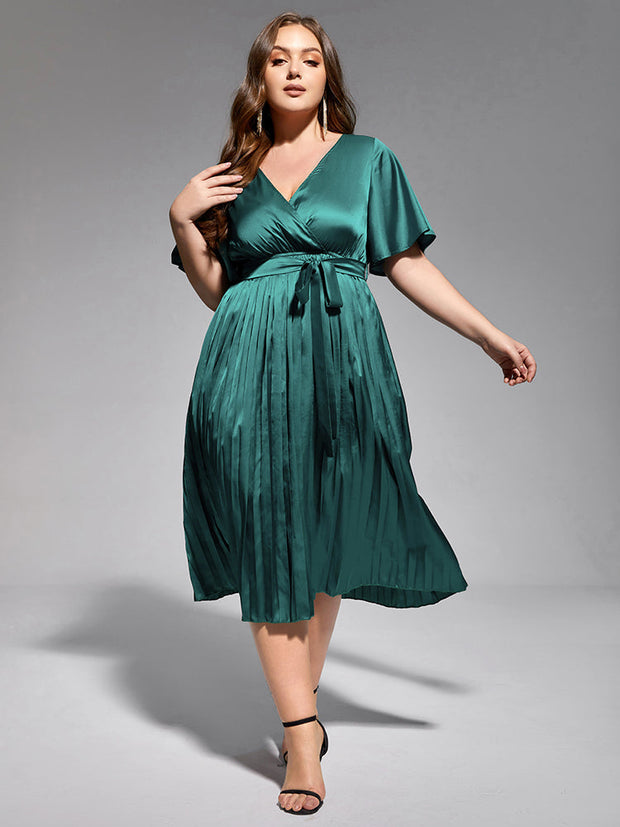 Plus Green Ruffle Sleeve Elastic Waist Midi Dress