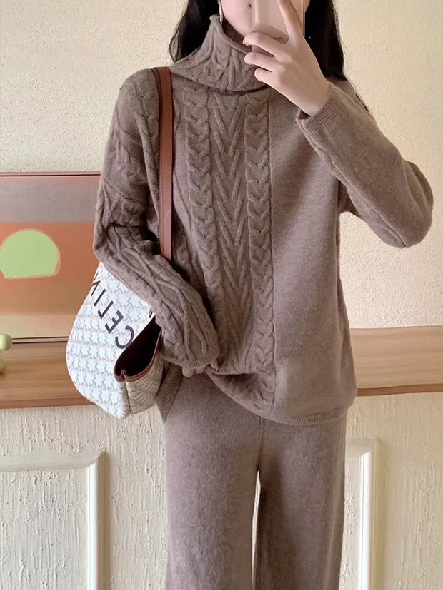 Turtleneck Knitted Sweater Wide-legs Pants Two-pieces Set