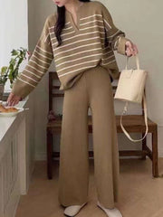 Loose Striped Knit Top and Wide-leg Pants Two-piece Set