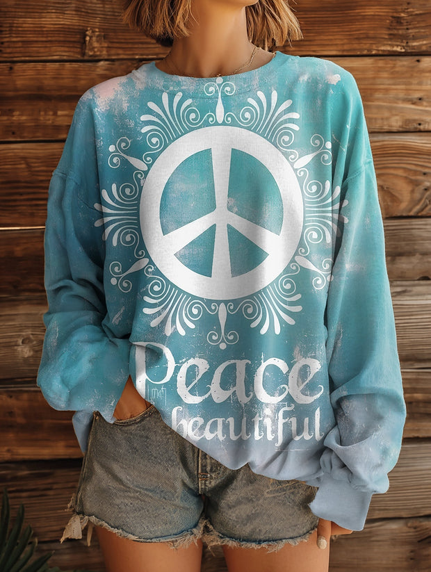 Women's Peace Is A Beautiful Pattern Print Casual Crew Neck Sweatshirt