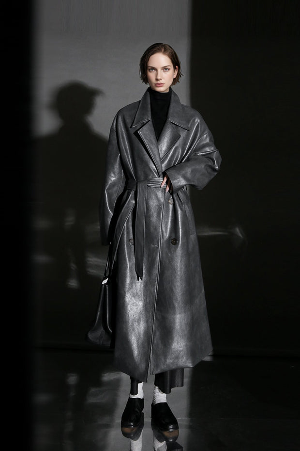 Women’s Sheepskin Leather Trench Coat – Niche Fashion Loose-Fit Mid-Length Stylish Leather Outerwear