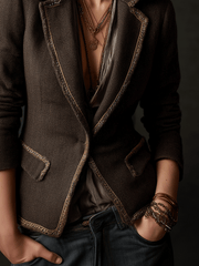 Vintage-Inspired Contrast Edges Chocolate Brown Blazer