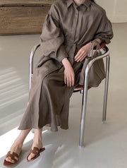 Lantern Long Sleeved Solid Color Waist Shirt Maxi Dress