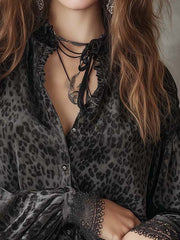 Smoky Gray Bohemian Romantic Velvet Leopard Print Shirt