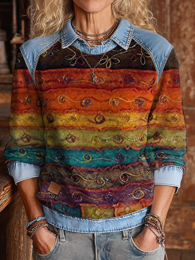 Bohemian Hippie Patchwork Art Print Patchwork Casual Cotton Sweatshirt