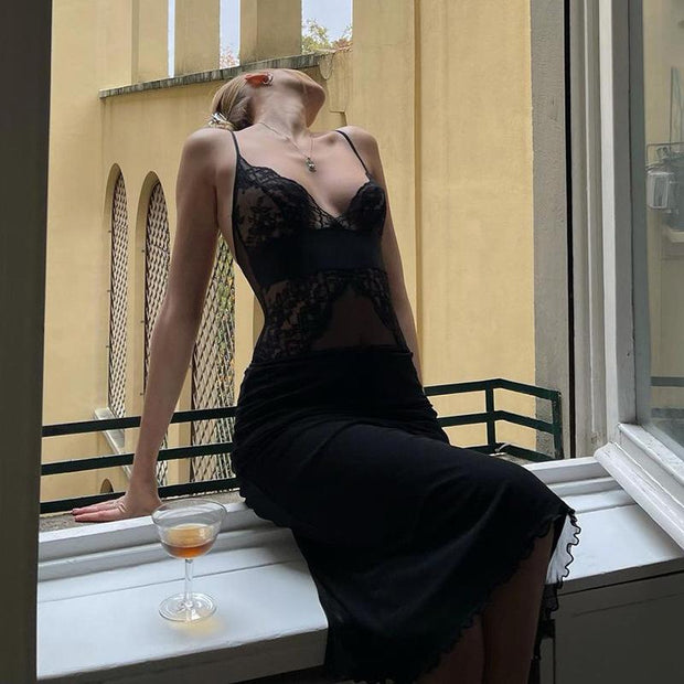 V neck lace maxi dress