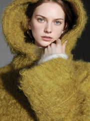 Cloud Plush Hooded Mohair Wool Coat for Women – Double-Faced Teddy Textured Wool Overcoat, Soft and Warm Winter Outerwear