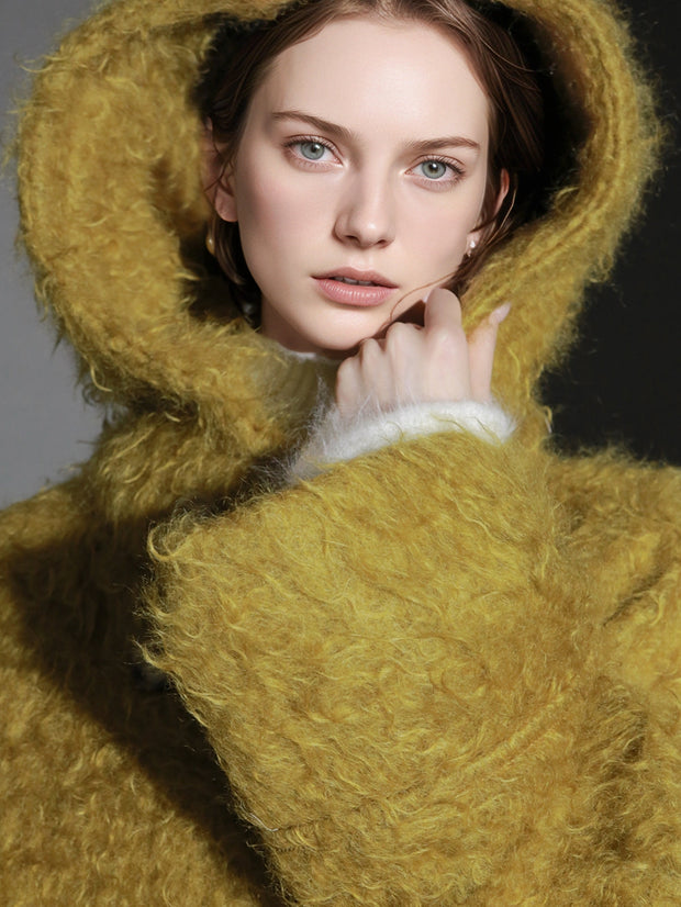 Cloud Plush Hooded Mohair Wool Coat for Women – Double-Faced Teddy Textured Wool Overcoat, Soft and Warm Winter Outerwear