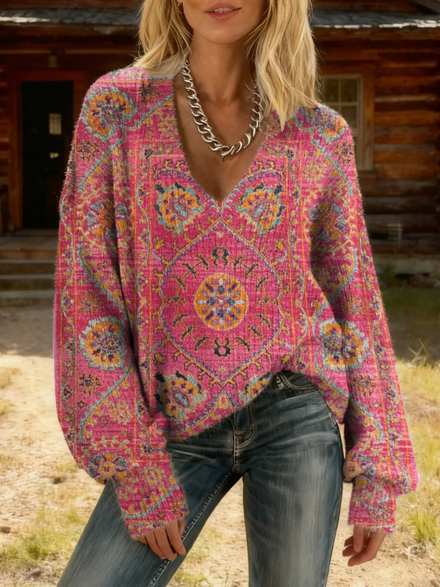 Women's Vintage Ethnic Pattern Art Print V-neck Knit Top