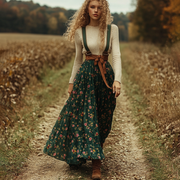 Women's Two-piece Bohemian Pastoral Suspender Floral Dress Autumn And Winter Retro Long Dress Two-piece Set