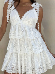 V neck tiered lace mini dress
