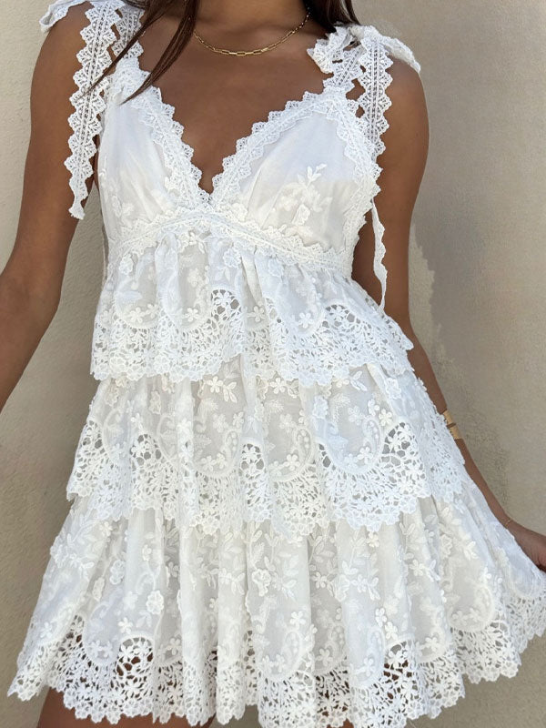 V neck tiered lace mini dress