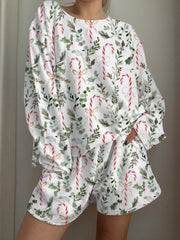 Christmas Candy Cane Printed Long-Sleeved Shorts Loungewear Set
