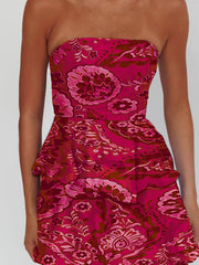 Strapless tiered printing maxi dress