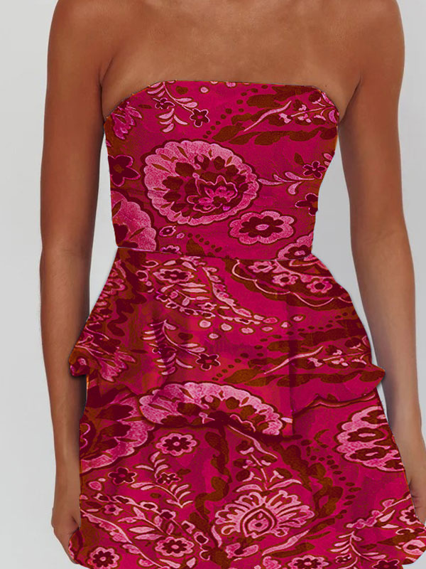 Strapless tiered printing maxi dress