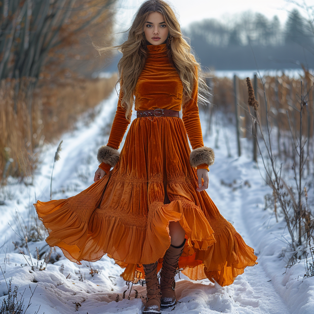 Autumn And Winter Women's Velvet Long Skirt Elegant Women's Long Sleeve Dress