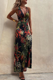 RAINFOREST PARADISE TROPICAL PRINT CUTOUT BACK CROSSOVER STRETCH MAXI DRESS