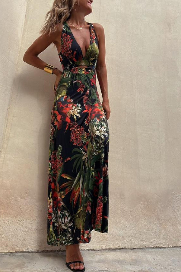 RAINFOREST PARADISE TROPICAL PRINT CUTOUT BACK CROSSOVER STRETCH MAXI DRESS