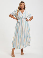 Plus Colorblock Striped Dolman Sleeve Pocket Notched Hem Maxi Dress