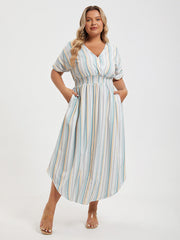 Plus Colorblock Striped Dolman Sleeve Pocket Notched Hem Maxi Dress