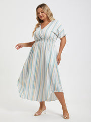 Plus Colorblock Striped Dolman Sleeve Pocket Notched Hem Maxi Dress