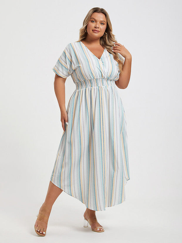 Plus Colorblock Striped Dolman Sleeve Pocket Notched Hem Maxi Dress