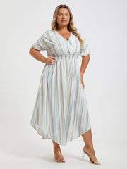 Plus Colorblock Striped Dolman Sleeve Pocket Notched Hem Maxi Dress