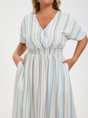 Plus Colorblock Striped Dolman Sleeve Pocket Notched Hem Maxi Dress