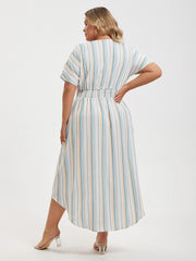 Plus Colorblock Striped Dolman Sleeve Pocket Notched Hem Maxi Dress