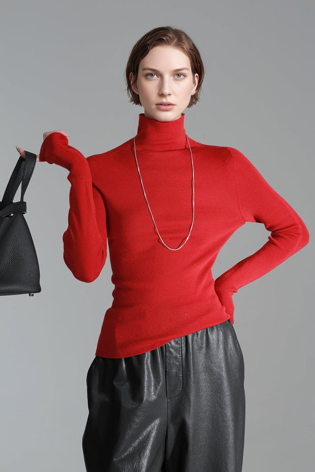 Merino Wool Minimalist Mock Neck Ribbed Knit Top – Cross-Strap Seamless Solid Color Sweater