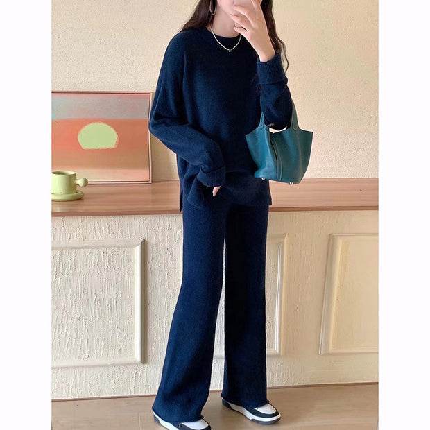 Casual Slit Sweater Wide Leg Pants Two Pieces Set