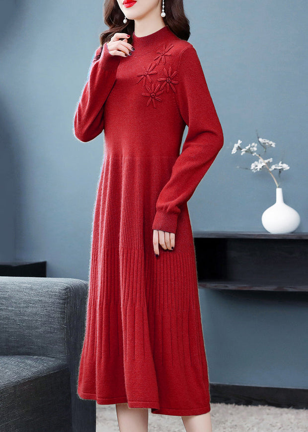 Red Patchwork Woolen Dress Embroideried Turtleneck Fall